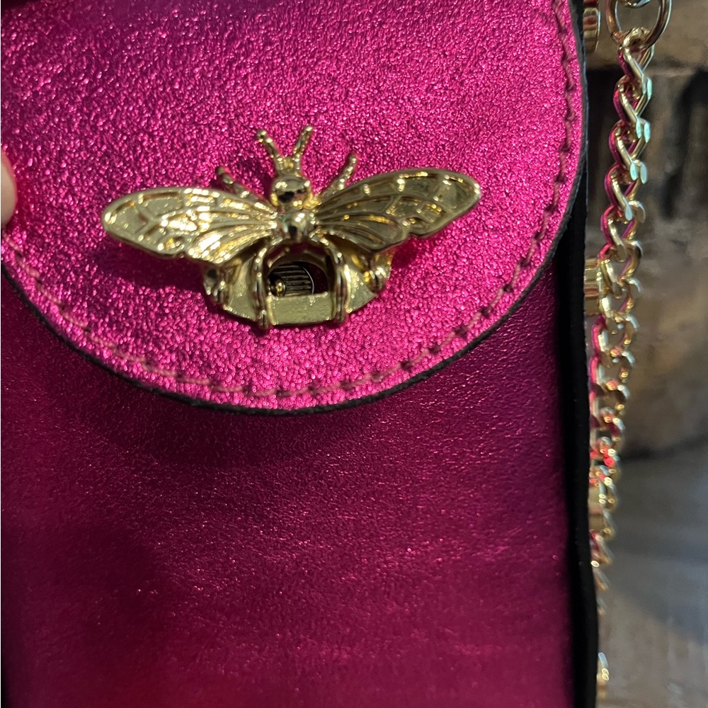 NWOT Vera Pelle Italian Leather Bee Handbag in Metallic Pink and Brilliant Gold - Picture 12 of 16